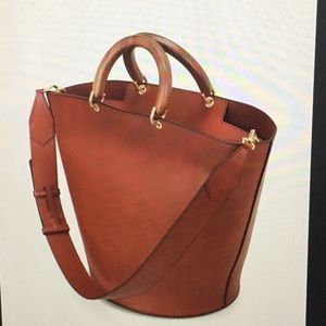 Women’s brown Wooden Handle Leather Bucket tote